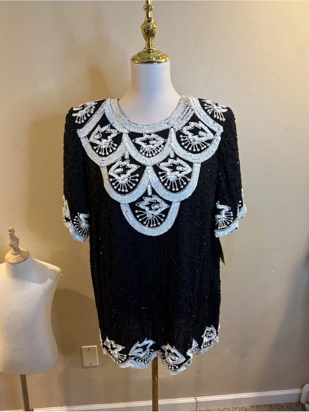 Vintage Jewel Queen Hand Beaded Black White Cocktail Party Dress Size 8